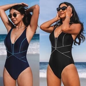 NWT Cupshe Monochrome Plunging One Piece Swimsuit Beach Surf Paddle BUNDLE Sz L